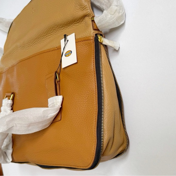 FOSSIL CAMEL TAN BROWN 2 TONE LEATHER ZIPPER CLOSE PRESTON SATCHEL TOTE BAG - Picture 7 of 13